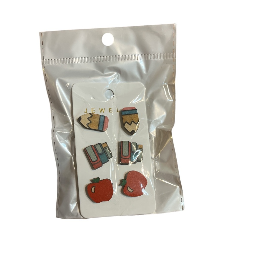 Pencil Book Apple Stud Earrings - Set of 3